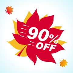 Bright banner for autumn sale. Discount 90 off on background red leaf. Sale Red Tag Isolated Vector Illustration. Discount Offer Price Label.