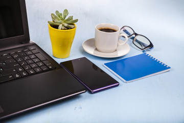 Obraz na płótnie Canvas Laptop, glasses, coffee and plant