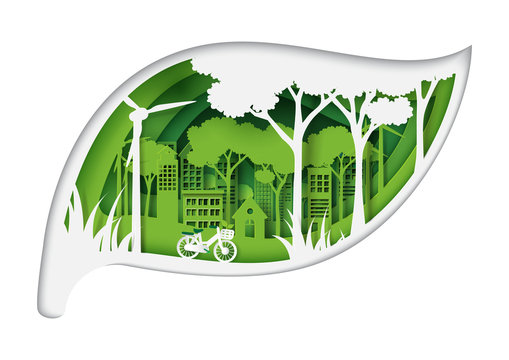 Green eco friendly city and urban forest nature landscape with ecology and environment conservation concept design with leaf shape of paper art style.Vector illustration.