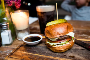 gourmet hamburger and drinks