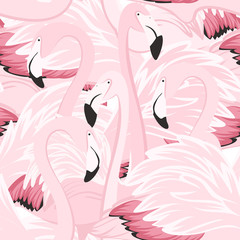 Exotic pink flamingo wading birds flamboyance colony regiment. Long neck, beak, body, feather detailed drawing. Seamless pattern. Vector design illustration for fashion, fabric, textile, decoration.
