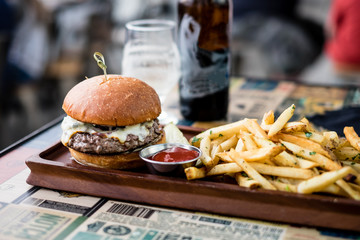 gourmet hamburger and fries