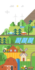 Green ecosystem. Agriculture. Use of renewable energy. Farm in the fields. Vertical banner.