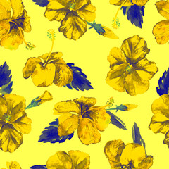 Watercolor Seamless Pattern. Hand Painted Illustration of Tropical Leaves and Flowers. Tropic Summer Motif with Hibiscus Pattern.