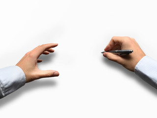 Hand holding pen and writing on blank paper