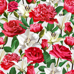 Seamless floral pattern on light background. Roses, Peonies and Lilium.