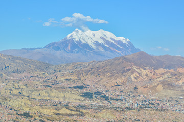 View of the Illimani mountain and La Paz city from Killi Killi balcony in Bolivia, South America