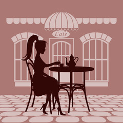 girl in a restaurant drinking coffee vector illustration