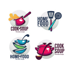 cook soup and home food, vector collection of bowl full of tasty soup for your menu, logo, emblems and symbols - 193910462