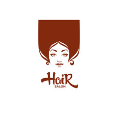  vector lady portrait for your hair and beauty salon, product and studio label, logo, emblem with lettering composition