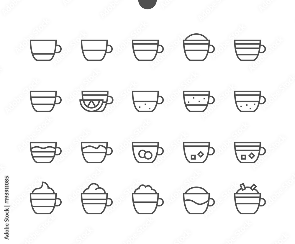 Poster coffee types food ui pixel perfect well-crafted vector thin line icons 48x48 ready for 24x24 grid fo