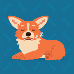 Cute Welsh Corgi lay and sleep. Element for your design, print, chat, sticker. Emoji. Vector illustration of Corgi dog shows relaxing emotion in flat cartoon style on blue background. Emoticon