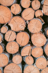 Fototapeta premium Wooden background - closeup. Firewood for the winter, stacks of firewood, pile of firewood. Firewood prepared for winter.
