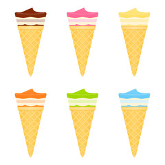 Vector illustration of waffle ice cream cones with different flavors isolated on white background.
