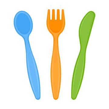 Vector Illustration Of Plastic Spoon, Fork And Knife Isolated On White Background. Disposable Utensils In Bright Colors For Toddler Feeding, Party Or Picnic.