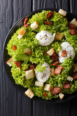 Organic French Lyonnaise salad with lettuce, bacon, croutons and poached eggs close-up. Vertical top view