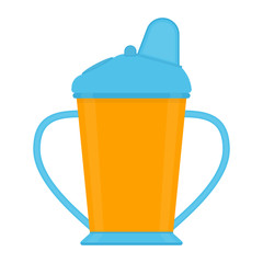 Baby sippy cup isolated on white background. Vector illustration of toddler feeding equipment. Baby care supplies