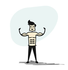 Man standing with shadow of strong muscular men physics posing. Bodybuilders, healthy sport. Hand Drawn Skech Cartoon Vector Background.