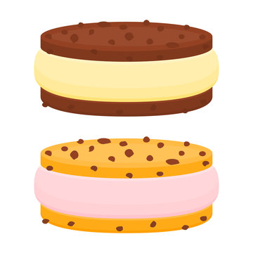 Vector illustration of chocolate chip cookie ice cream sandwich isolated on white background.