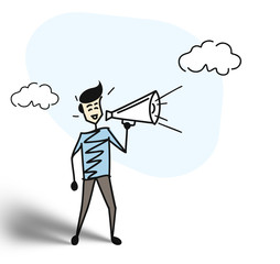 Man hand holding megaphone concept of business announcement. Cartoon Hand Drawn Sketch Vector illustration.