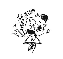 Man thinking concept doodles icons set, Cartoon Hand Drawn Sketch Vector illustration.