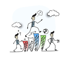 Man climbing Up stairs and thinking financial success symbol, Cartoon Hand Drawn Sketch Vector illustration.