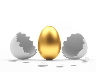 Golden Easter egg hatched from a broken white egg shell isolated on white. 3D illustration