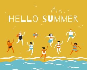 Men and women in bathing suits play beach volleyball. Trendy abstract flat illustration for advertising seasonal and tourist recreation. CMYK. Vector