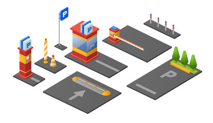 Parking lot isometric 3D vector illustration icons of checkpoint ticket booth or parkomat barrier, car lots and direction marking signs. Isolated sections outdoor parking on white background © vectorpouch