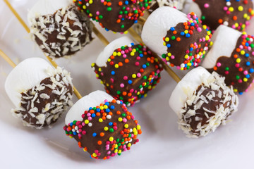 Obraz na płótnie Canvas marshmallows on a sticks, laying on a white plate. glazed with chocolate and colorful sprinkles.