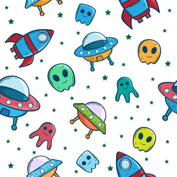 spaceship ufo cartoon seamless pattern © twelve.std