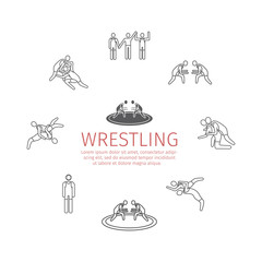 Wrestling banner. Line icons. Greco-Roman. Vector sports signs.