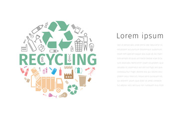 Recycling banner. Line icons. Waste sorting set. Vector illustration.