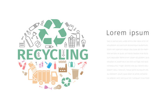 Recycling banner. Line icons. Waste sorting set. Vector illustration.
