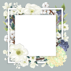 Square template with beautiful white flowers and blue berries