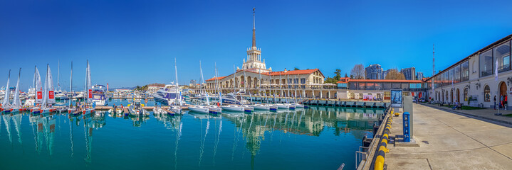 SOCHI, RUSSIA - APRIL 8, 2016: Yachts of the national sailing league in the seaport.