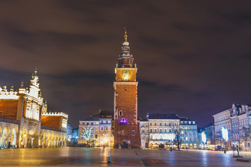 Fototapeta premium Night view of Main Market Square in Krakow, one of the most beautiful city in Poland