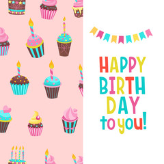 Congratulations on your birthday. Beautiful cute cakes and candlelight cakes. Seamless pattern.