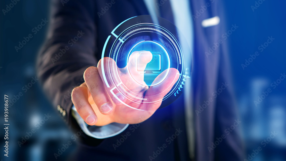 Poster businessman holding a shinny technologic computer button - 3d render