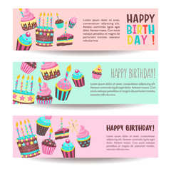 Congratulations on your birthday. Beautiful cute cakes and candlelight cakes. Vector illustration.