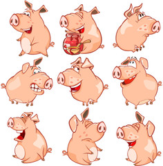 Set of  Cartoon Illustration. Cute Pigs in Different Poses for you Design. Cartoon Character