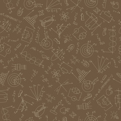 Seamless pattern on the theme of study and subject of physics, graphs and formulas, beige outlines on a brown background