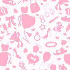 Seamless pattern on the theme of international women's day on 8 March,the outlines of objects pink icons on a white background with pink polka dots