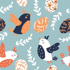 Seamless easter pattern with eggs and birds