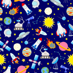 Fototapeta premium Seamless pattern on the theme of space and space travel color icons on blue background