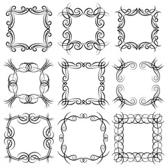 Set of nine square black monogram elements on a white background. Vector illustration.
