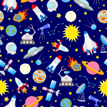 Seamless pattern on the theme of space and space travel color icons on blue background © Zagory