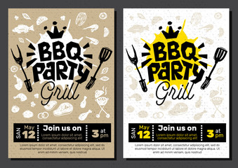 BBQ party Food poster. Barbecue template menu invitation flyer design elements spice, drinks, hand drawn elements.