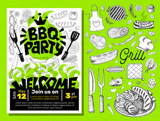 BBQ party Food poster. Barbecue template menu invitation flyer design elements spice, drinks, hand drawn elements.