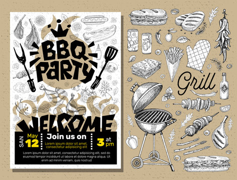 BBQ party Food poster. Barbecue template menu invitation flyer design elements spice, drinks, hand drawn elements.